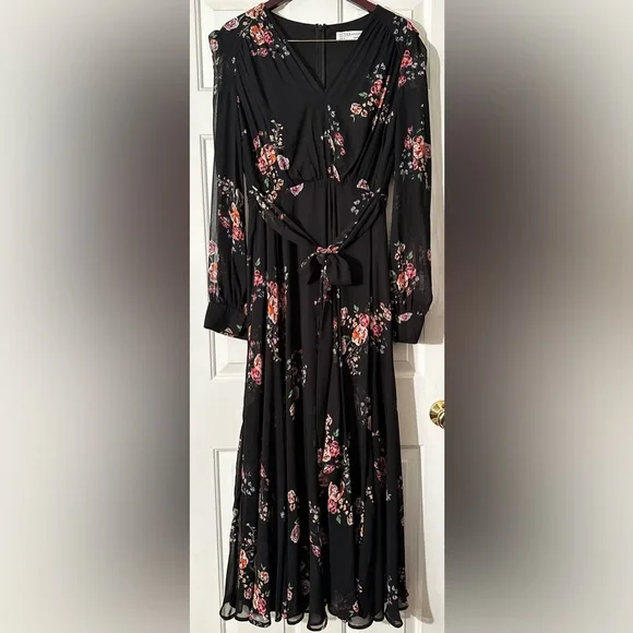IEENA FOR MAC DUGGAL Belted Floral Print Illusion Long Sleeve Gown Black Size 12 - Picture 4 of 16